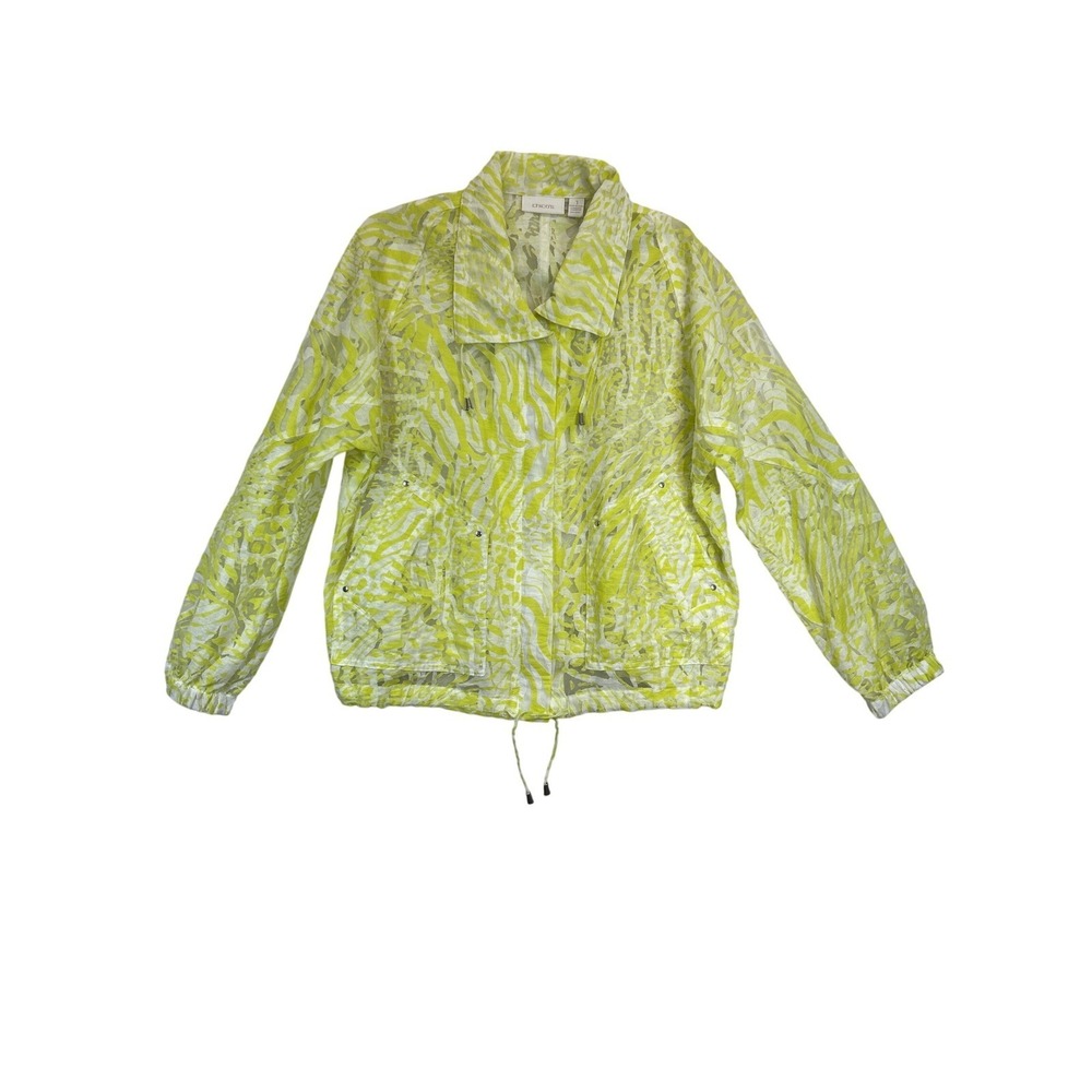 Chicos Jacket Size 1 Yellow Zebra Lightweight Semi‎ Sheer Full Zip Drawstring